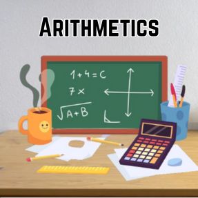 Arithmetic equations on a chalkboard, with a calculator and stationery, representing basic math tutoring for students online.